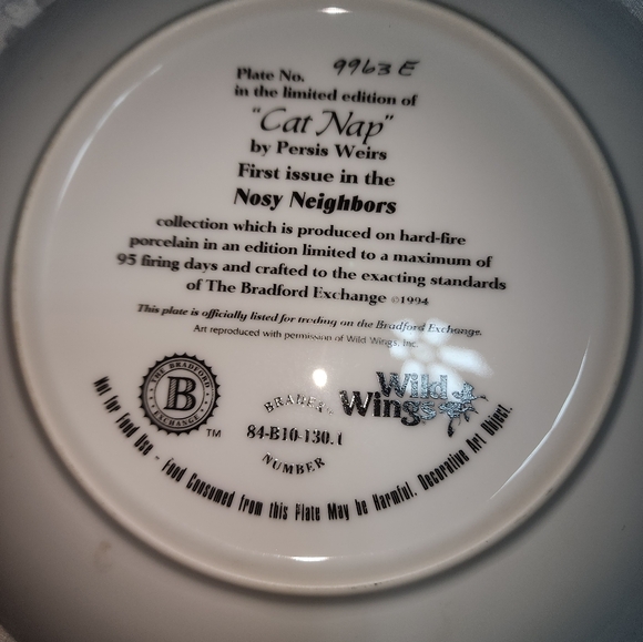 THE BRADFORD EXCHANGE EUC 1994 CAT NAP NOSY NEIGHBOR COLLECTIBLE CAT BIRD PLATE - Picture 3 of 3